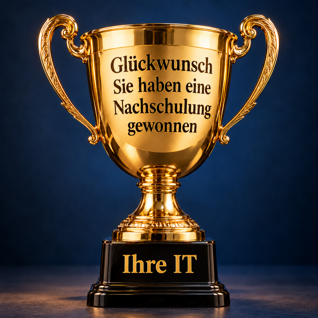 Goldener Pokal mit der Aufschrift: Glückwunsch, Sie haben eine Nachschulung gewonnen – Ihre IT.